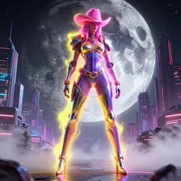 full body disintigrating synthwave cowgirl, character design yoji shinkawa, bright colors, illusion, metallic, armor, stunning, breathtaking, digital render, line art, unreal engine, lunar cyberpunkcity backdrop, de - noise, 8 k, volumetric lighting, detailed contrast, scattered mist, glow, rim light by greg rutkowski