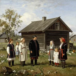 a traditional sami family outside their home, painted by Rembrandt, wide shot,