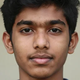 close - up portrait photograph of a large teenage indian male with black eyes, a big mouth, a messy stubble and short touselled black hair, highly detailed, anatomically correct features,