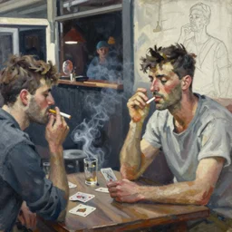 oil painting in the style of john craxton sailors in the shadows of a pub. holding cigerettes. brush marks. strong lighting. smokey bar. playing cards. seated figure hands on table. strong expressions on faces. cheekbones. aesthetics to ivon hitchins. line drawing on painting,