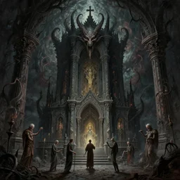 a lovecraftian painting of a demonic shrine, occult, demon summoning, hell gate, cosmic horror elements, ultra realistic, concept art, intricate details, eerie, highly detailed, photorealistic, octane render, 8 k, unreal engine. art by artgerm and greg rutkowski and alphonse mucha