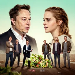 ilon musk vs emma watson, epic debates during presidental elections, cnn, fox news, agitation poster, fantasy, by atey ghailan, by greg rutkowski, by greg tocchini, by james gilleard, by joe gb fenton, dynamic lighting, gradient light green, brown, blonde cream, salad and white colors in scheme, grunge aesthetic