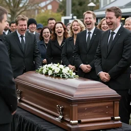 people hysterically laughing at an open casket funeral