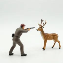 miniature model of a hunter shooting a deer, tiltshit, photography