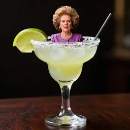 margaret thatcher action figure inside a huge glass of margarita, hyper realistic, highly detailed, dramatic lighting, food photography, funny