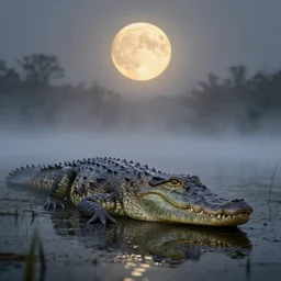 Crocodile chimera prowling a fog covered swamp, snout and ears of a wolf, yellowish full moon