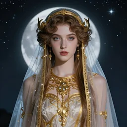 ranni the witch, a beautiful art nouveau portrait by Gil elvgren and Hajime Sorayama, moonlit starry sky environment, centered composition, defined features, golden ratio, gold jewlery, photorealistic professional lighting, cinematic, sheer