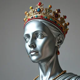 bald silver woman statue, colorful crown, 3 / 4 view face, john howe, greg rutkowski