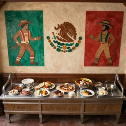 top down view, breakfast buffet, mexican mural, 1 9 7 0 science fiction movie, cinematography by joel coen, cut out