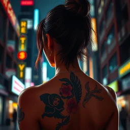back facing of a beautiful girl, cyberpunk, intimate, city, spotlight, passionate, by greg rutkowski, by jeremy mann, by francoise nielly,, 4 k, light emitting tattoos, correct body proportion