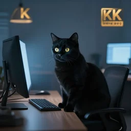 black cat sitting at the computer in the office, at night, light from the computer, amazing, epic, mood, 8 k, high detalied, trending on artstation, digital art,