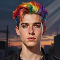 Ben Shapiro as a transgender, gay colors, queer theme, rainbow hair , sigma male, accurately portrayed, portrait art by alphonse mucha and greg rutkowski, highly detailed, digital painting, concept art, illustration, dim lighting with twilight rays of sunlight, trending on artstation, very detailed, smooth, sharp focus, octane render, close up