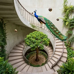 a peacock eating snails flying up through a spiral stairs above a inner garden with a single granade tree in a escher style