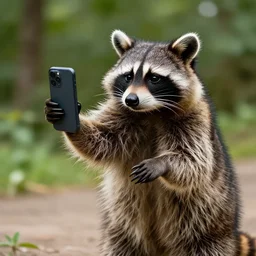 a hip hop dancing raccon holding a smartphone, realistic nature photography