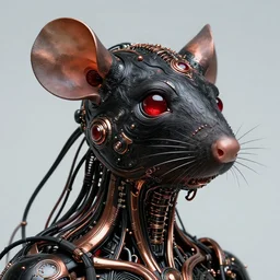 baroque futuristic, rat head shot portrait by iris van herpen, black, ruby, copper, biomechanical details, epic bionic cyborg implants, masterpiece, intricate, biopunk, vogue, highly detailed, artstation, concept art. a lot of cables and wires around, ayami kojima, karol bak, rutkowski, takato yamamoto, subjekt zero. 8 k ultra