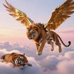 the ancient world, hyper complexity, highly detailed, cinematic lighting, pastel colored sunrise, flying robotic tiger with gold metal huge wings on its back in the cloudy sky, sharp outlines, complete whole lion body, another sleeping tiger face in the clouds watching each other, hyperrealistic, trending on pixiv fanbox, love death robot,