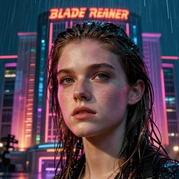 close up portrait of a young sean young as rachael tyrell in blade runner at tyrell headquarters photographed by annie leibovitz, artdeco, cyberpunk, colorful!, nighttime!, raining!