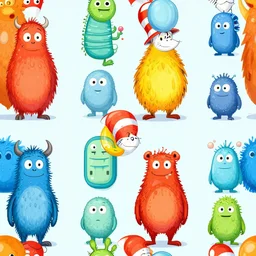 a seamless pattern of 8 bit 8 - bit surreal monsters in the style of dr seuss