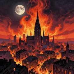 editorial illustration by Karolis Strautniekas and Mads Berg, colorful, city of the lost,sky on fire,black moon, fine texture, detailed, matte colors, film noir, dramatic lighting, dynamic composition, moody, vivid, volumetric