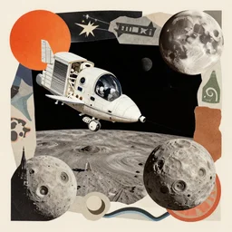 A collage, made of random shapes cut from magazines, of Space Travel, landing on the moon, mid-century modern.