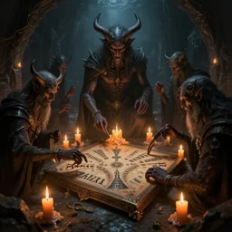 ancient demon necromancers using ouija board surrounded with melting candles in tomb, dark fantasy, scifi, volumetric lights, intricate, intense detail, digital painting, artstation, concept art, smooth, soft shading, cinematic, hyperealistic, illustration, style of h. r. giger, 3 d 4 k