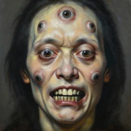 ascii, hyperrealism oil painting, close - up portrait of a scary ai weiwei with ten eyes and mandibles, in style of baroque zdzislaw beksinski