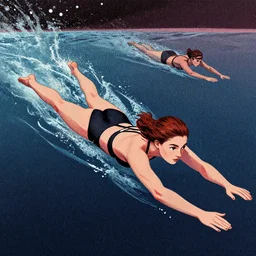 ( ( karolis strautniekas ) ), editorial illustration of a young woman swimming in space, giuseppe riccobaldi, mads berg, detailed, perspective composition, halftone shaded, matte print, rich grainy texture, grainy gradients, dynamic pose, vivid