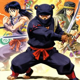 key anime visuals rendering of a bear dressed as a ninja fighting with a katana. colorful design. higly detailed, intricate, greg rutkowski, anime manga style, trending on art station.