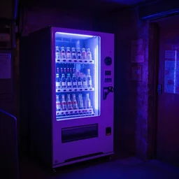 a vending machine dimly neon lighting a dark alley, by greg rutkowski and gaston bussiere, dim purple and blue neon lighting, beautiful volumetric - lighting - style atmosphere, futuristic atmosphere, intricate, detailed, photorealistic imagery