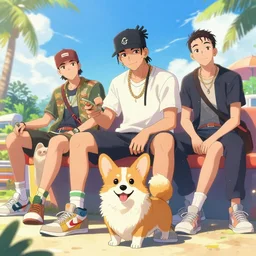 beautiful anime illustration of hiphop solarpunk summertime chill with corgi, by james jean, rolf armstrong, james c. christensen, lise deharme, gaston bussiere, j. c. leyendecker, craig mullins. trending on artstation, 8 k, masterpiece, graffiti, intricate detail, golden ratio illustration, face enhance