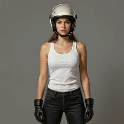 a portrait of a woman wearing a white tank top and wearing lether gloves with black jeans and helmet, highly detailed, centered, digital painting, artstation, concept art, donato giancola, Joseph Christian Leyendecker, WLOP, Boris Vallejo, Breathtaking