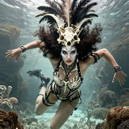 one fierce looking beautiful young woman dancing underwater with afro hair and symmetrical white makeup, black leather straps, wearing intricate bodysuit and headdress made from white bones and black feathers, hyperdetailed illustration by irakli nadar and alexandre ferra, intricate linework, in the style of a national geographic portrait, unreal engine 5 highly rendered, global illumination, radiant light, detailed and intricate environment