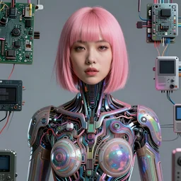 portrait of a beautiful asian woman with pink hair as a cyberpunk cyborg, sci - fi, missing panels, electronics, wires and circuit boards, intricate abstract upper body intricate artwork, concept art, octane render, deviantart, cinematic, key art, hyperrealism, iridescent accents, portrait photograph, nikon 3 5 mm, photograph by annie leibovitz and steve mccurry and greg rutkowski