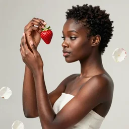 the professional photoshoot of an absurdly beautiful, graceful, elegant, sophisticated, fashionable young black model made of strawberries and white petals, an ultrafine hyperdetailed illustration by kim jung gi, irakli nadar, intricate linework, bright colors, octopath traveler, final fantasy, unreal engine 5 highly rendered, global illumination, radiant light, detailed and intricate environment