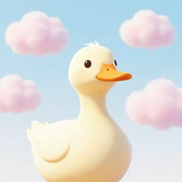 portrait of a ducks that looks like a human, cotton candy clouds in background, flat art, soft lighting, bright environment, fog, nft - style art, cartoon, detailed