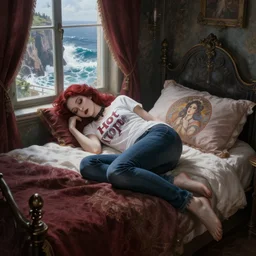 a hyperdetailed matte painting a goth princess asleep on a bed in a tower, t shirt and jeans from hot topic, sleeping princess!!!, window that overlooking cliffs and crashing waves in the background, highly detailed, deep focus, elegant, digital painting, sharp focus, ultra realistic, 8 k, art by greg rutkowski and rembrandt and alphonse mucha