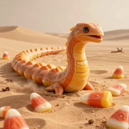 photo of high quality concept art of ((((sandworm from dune))) made of candy corn, Sigma 24mm f/8