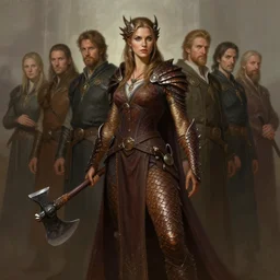 a female dragonborn, brown scales, wielding an axe, stately robes, dnd character art portrait, matte fantasy painting, deviantart artstation, by jason felix by steve argyle by tyler jacobson by peter mohrbacher by paul hedley, cinema