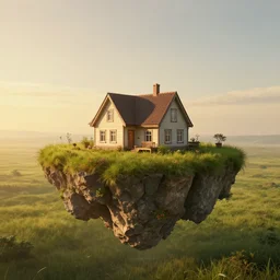 symmetry!! a house, surreal landscape, grassland, floating island, golden hour, very detailed, perfect composition, perfect lighting, 4 k, trending on artstation, greg rutkowski, derek zabrocki, artgerm, 3 d render, octane render