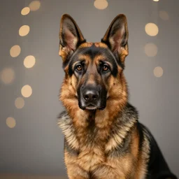 A studio portrait of a German Shepherd dog, bokeh, 90mm, f/1.4