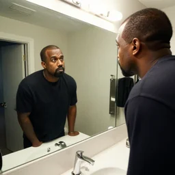 ultra wide angle photo of kanye west is looking at himself in a bathroom mirror and seeing his reflection as a giant