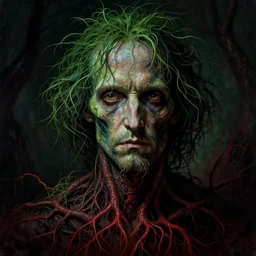 cinematic lighting, post production, award - winning painting of a edgar alan poe, infested with pitch green, grass - like, shadow roots with lots of tendrils on the skin, blue veins, intricate detail, deep red roots, infestation, shadowy, lovecraftian, beksinksi, chiaroscuro, close - up portrait shot