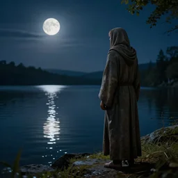 a robed figure standing at the side of a dark lake, looking at the reflection of the moon in the water realistic, colorful, highly detailed, unreal engine