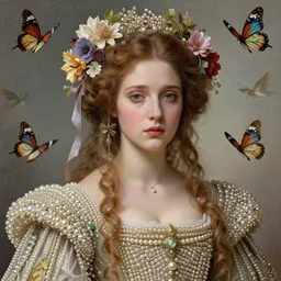 beautiful, young woman, in renaissance times, detailed gorgeous face, sad eyes, vaporwave aesthetic, synthwave long luxurious gown made out of pearls, hair done up with flowers and ribbons, digital art, butterflies, birds, digital painting, artstation, concept art, smooth, sharp focus, high definition, highly detailed illustration, art by artgerm and greg rutkowski and alphonse mucha