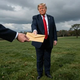 full body photo of a donald trump receiving brown corruption envelope in a realistic photo style