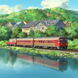 a soviet suburban train moving on top of a lake, ultra high quality, 4 k, by miyazaki and makoto shinkai, anime screenshot, colorful, artstation, pixiv,