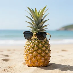 una pina con gafas de sol en la playa