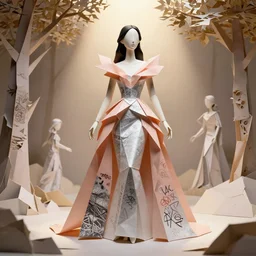 sculpture of a beautiful young female super model resembling zoe saldana made out of origami paper and ceramic wearing a peach tissue paper and silver geometric gown by marc jacobs, paper graffiti, trees made out of origami, ethereal, fantasy, lawrence alma tadema, james jean, oozium, peter morbacher, angelarium, alchemy, luxury, heavenly light, soft illumination, cinematic lighting, very detailed, 3 d octane render, artgerm, trending on artstation, cgi society
