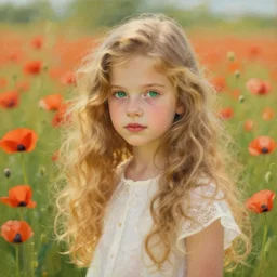 a 2 0 year old girl with long wavy curly blond hair and green eyes in a poppy field. beautiful painting by artgerm and greg rutkowski and alphonse mucha