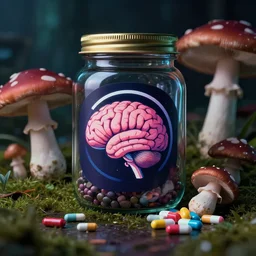awesome logo on jar of a brain and mushroom and pills with dark techno. synthwave colours, in the style of spirited away, lifelike, photo, 8 0 mm, kodak, advert, hyperrealism, photography, sharp focus, lush detail, award winning,